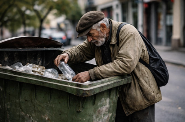 Figură 1Un Bătrân caută prin gunoi după sticle cu SGR (Poza făcută de autor)